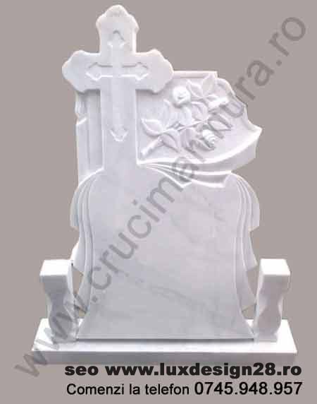 Cruce in cruce, cruce alba gri medie marmura ornament floral, monument funerar